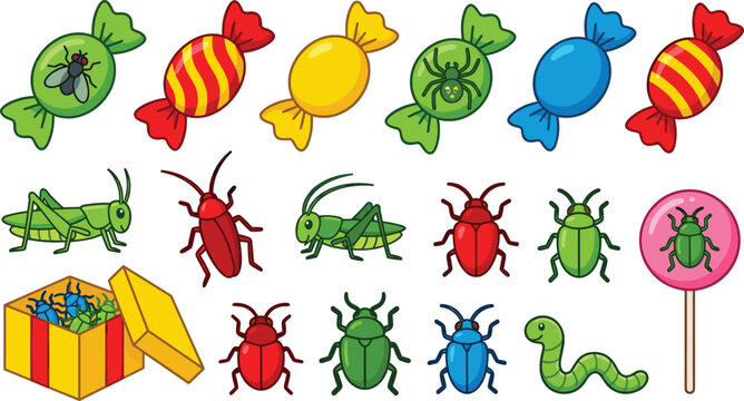 Spooky Halloween Candy and Bug Vector Set with Wrapped Sweets Lollipop Gift Box Grasshopper Cockroach Spider Fly and Creepy Crawly Beetles