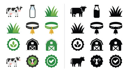 Set of farm and dairy icons in flat and silhouette styles, representing cows, milk, grass, barns, and quality seals. © Feldway