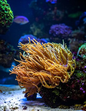 Vibrant orange sea anemone underwater scene.