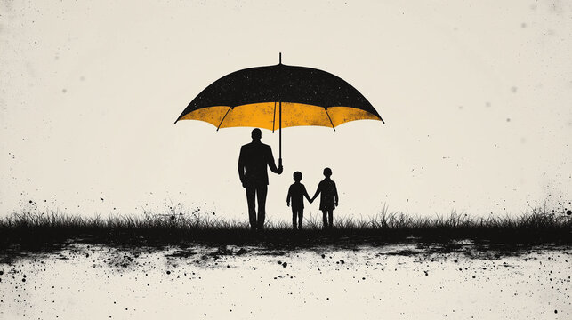 Protective parent shelters children under bright umbrella during rain