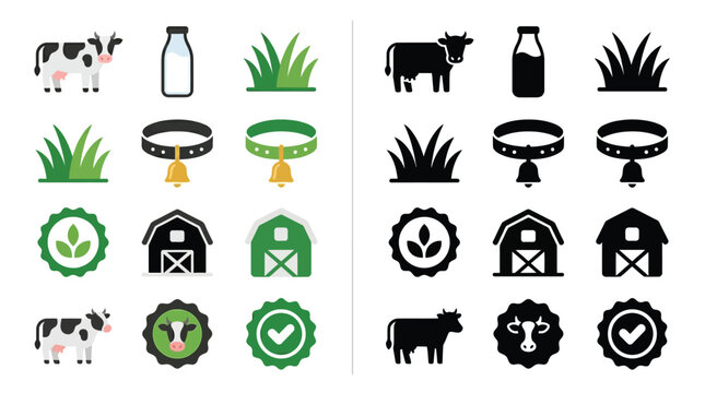 Set of farm and dairy icons in flat and silhouette styles, representing cows, milk, grass, barns, and quality seals.