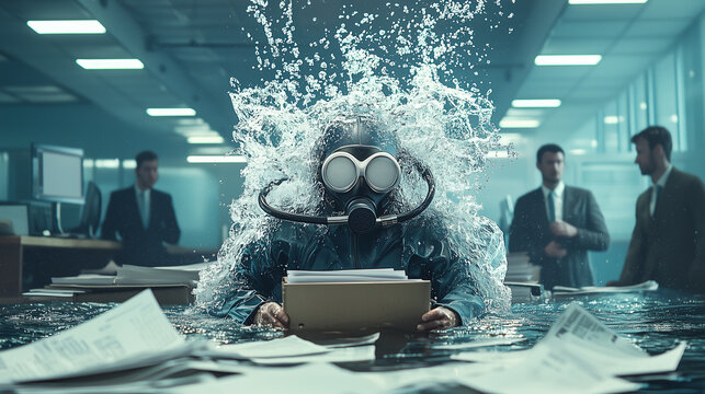 Office submerged in water with a person in a gas mask retrieving documents