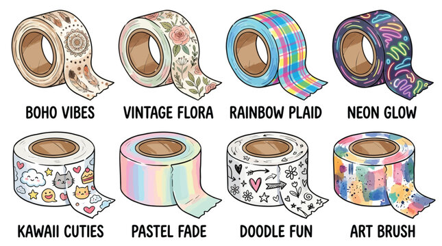 Collection of eight decorative tape rolls with various patterns and styles, including boho, floral, plaid, neon, kawaii, pastel, doodle, and art brush designs.