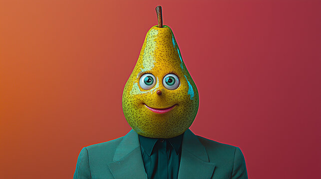 Unusual character with a pear head in a business suit on a colorful background