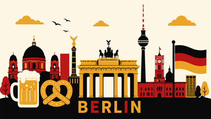 Berlin Skyline Illustration: A vibrant illustration captures the iconic landmarks of Berlin, including the Brandenburg Gate, TV Tower, and Reichstag building. © Ahmed