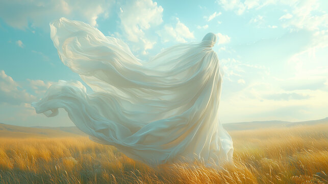 Ethereal figure in flowing fabric walks through a golden field at sunset