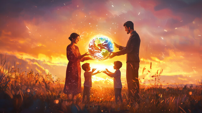 Family united by love for the planet during a stunning sunset moment