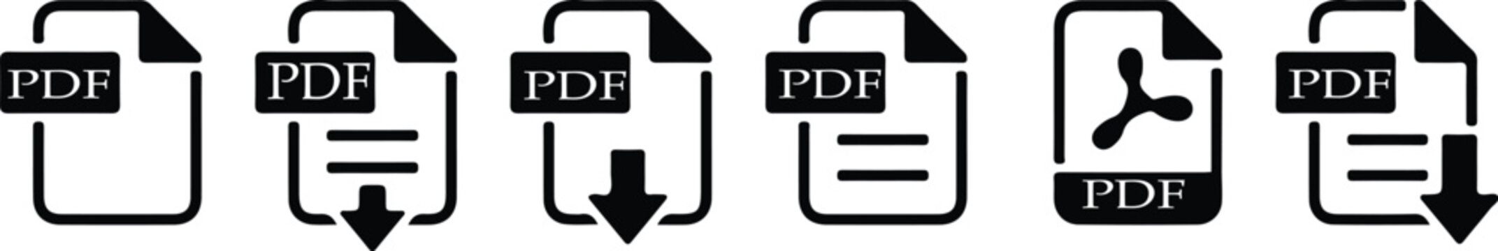PDF file format icons set. PDF file download symbols. Format for texts, images, vector images, videos, interactive forms vector
