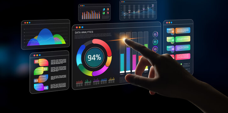 Interactive Data Analytics Dashboard with Colorful Graphs and Touchscreen Interface for Business Insights and Performance Metrics Display Sigmoid