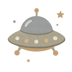 Minimal retro flying saucer cartoon with stars and planets in playful pastel space style, isolated on transparent background © juliiapanukoffa