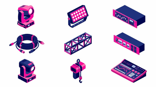 Collection of stage lighting and sound equipment.