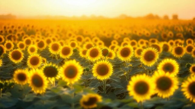 A sprawling field of sunflowers basks in the warm glow of the sun, capturing a serene, golden moment