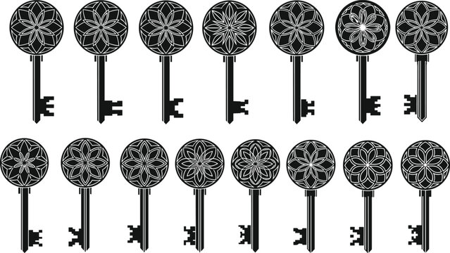 Decorative vintage skeleton keys vector set with ornate circular floral heads and black silhouette designs