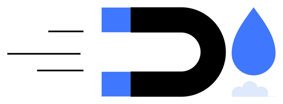 Water conservation, hydrodynamics, magnetic fields, physics principles, environmental science, sustainability. A black magnet pulling a blue water droplet. Water conservation and hydrodynamics