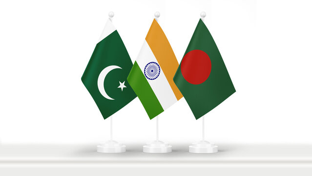 State flags of Pakistan, India, Bangladesh, isolated on white background. Concept of official meetings, events and summits on government level. Business, collaborations and negotiations.