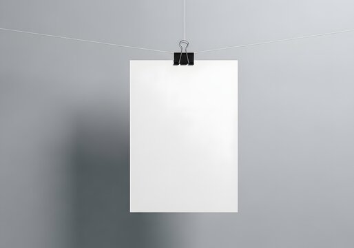 Blank white paper poster hanging on a wire with a binder clip