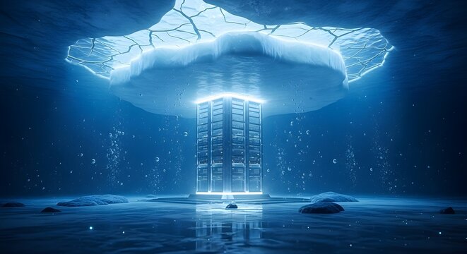 Ultra-realistic futuristic underwater server facility glowing beneath thick translucent Arctic ice sheets, surrounded by drifting microbubbles, faint bioluminescent marine life, and deep blue ambient 