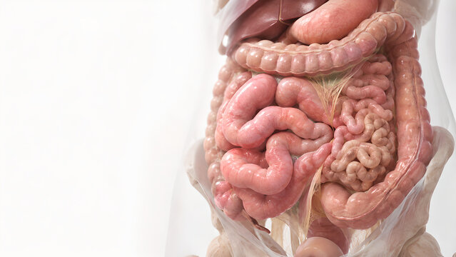 Small Bowel Obstruction 3D Anatomy Illustration With Dilated Intestine Loops for Digestive Health Education and Patient Brochure