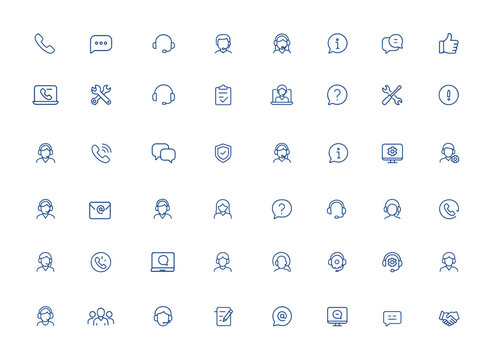 Customer support icons with call, chat, operator, feedback, information, technical assistance, Editable stroke vector illustration, helpdesk, live chat, client service, communication, hotline.