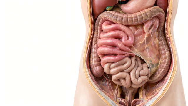 Small Bowel Obstruction 3D Anatomy Illustration With Dilated Intestine Loops for Digestive Health Education and Patient Brochure