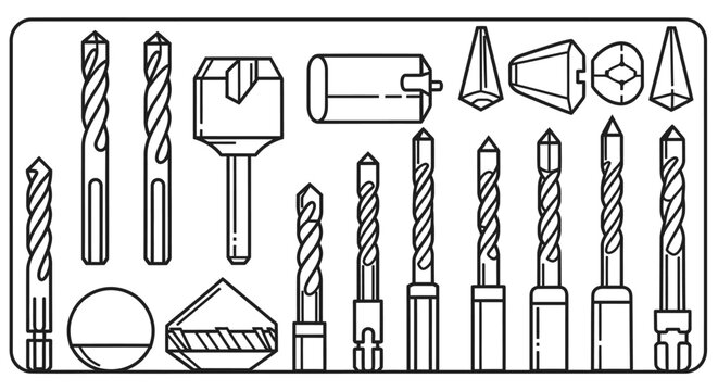 Set of various drill bits in a tray for construction and repair
