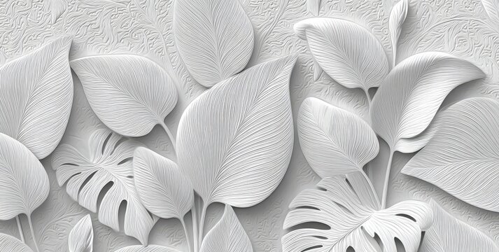 A detailed, monochromatic wall texture featuring large, stylized leaves with intricate veining patterns