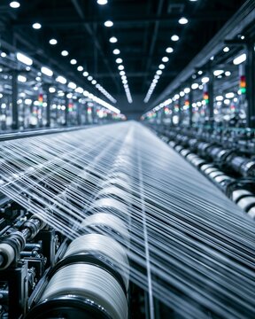 Medium angle footage capturing largescale carbon fiber precursor spinning machinery emphasizing fullscale extrusion processes before carbonization in a manufacturing environment.