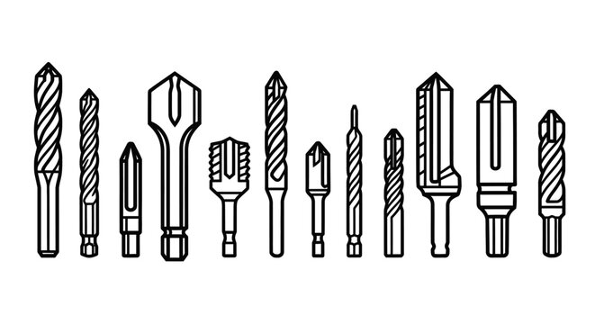 Set of industrial drill bit icons in minimalist line style