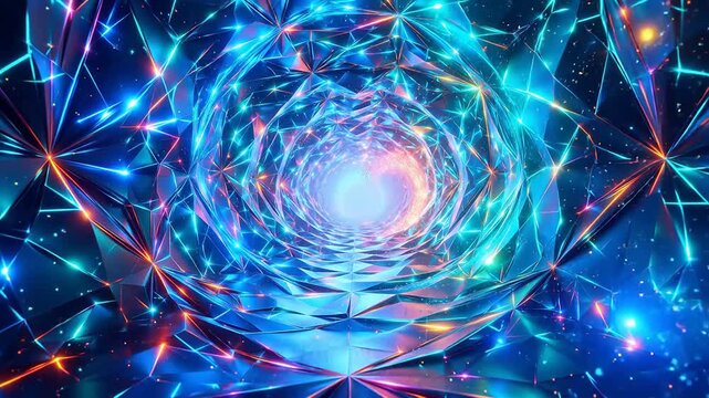 UI/UX要素やデジタルモーショングラフィックスに最適な,光の効果を備えたカラフルな幾何学模様のトンネル