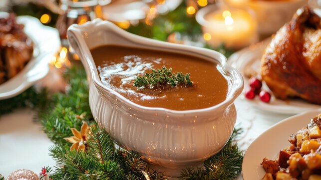 A classic porcelain gravyboat filled with rich brown gravy resting on a festive holiday table surrounded by roasted dishes