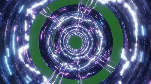 Futuristic sci-fi portal with neon glowing rings and light streaks zooming forward on a green screen background for video production and vfx.