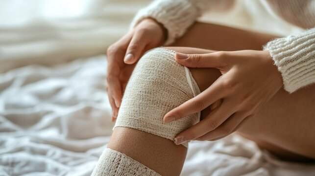 A close-up of hands wrapping a bandage around a scraped knee as part of a gentle act to heal