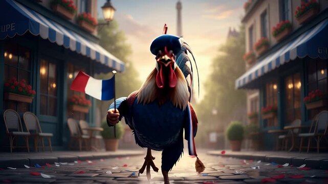 Rooster wearing beret holding French flag on sidewalk in front of Eiffel Tower. National animal celebration for Bastille Day in historic city street at sunset.