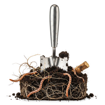 Worms are isolated on white background with a shovel and soil and roots