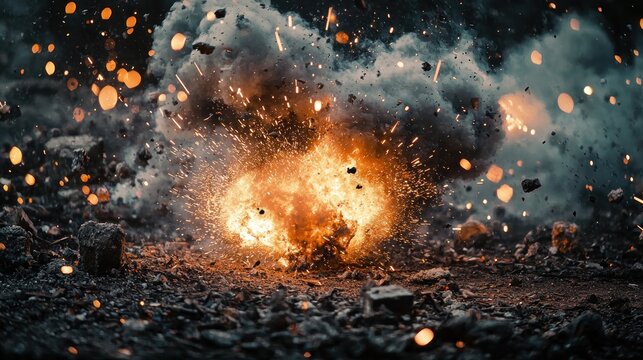 A dramatic action scene with a grenade exploding in slow motion, sending sparks and smoke into the air on a battlefield