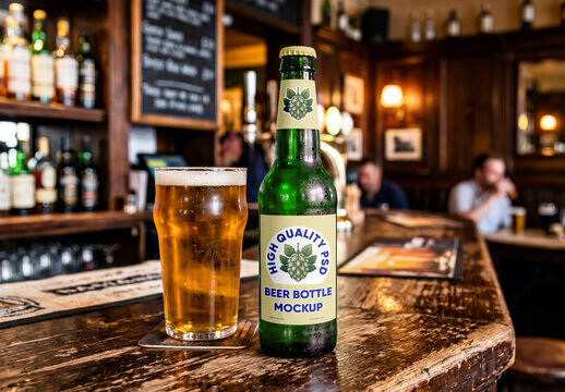 Beer Bottle in Pub Mockup