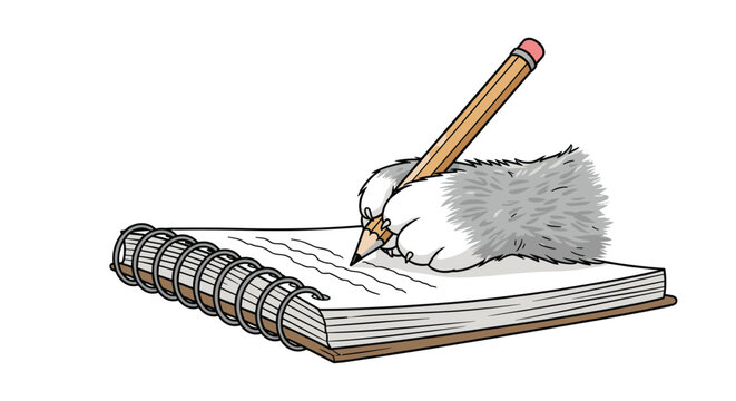 Creative illustration shows a fluffy grey cat paw holding a wooden pencil and writing in a spiral bound notebook.