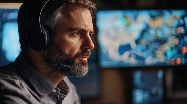 A forecaster wearing a headset communicates with field teams during a hurricane tracking operation in an emergency center
