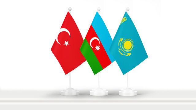 State flags of Turkiye, Azerbaijan, and Kazakhstan, isolated on white background. Concept of official meetings, events and summits on government level. Business, collaborations and negotiations.