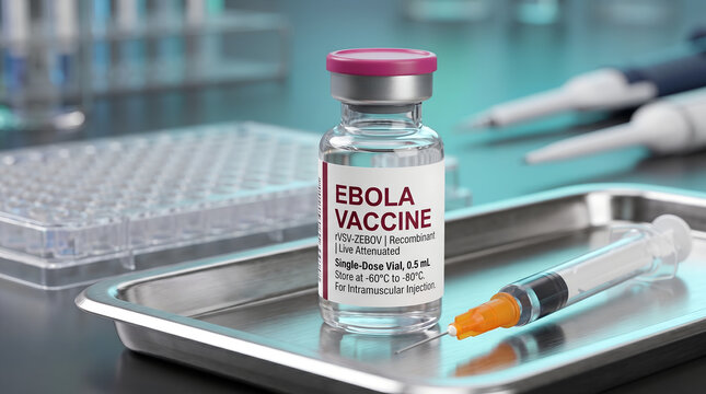 Ebola Vaccine Vial and Syringe on Medical Tray with Microplate and Pipette Laboratory Background