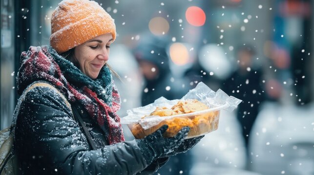 A kind-hearted woman handing out warm meals to the homeless on a city street as part of a winter charity outreach with snow gently falling