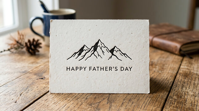 Thoughtful Father's Day greeting card featuring mountain art, presented on a warm wooden surface
