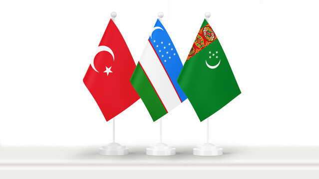 State flags of Turkiye, Uzbekistan and Turkmenistan, isolated on white background. Concept of official meetings, events and summits on government level. Business, collaborations and negotiations.