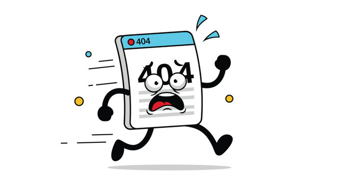 Panicked cartoon character shaped like a web browser page with a 404 error runs frantically, depicting a broken website link.