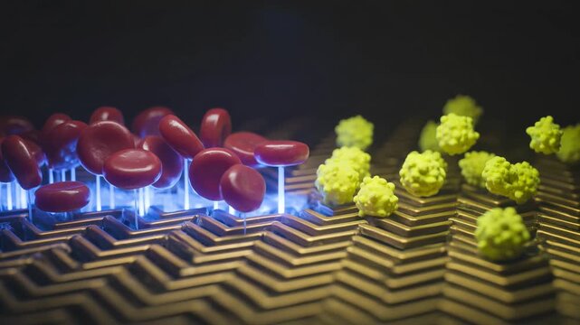 Dielectrophoresis sorting blood cells inside microfluidic chamber with gold electrodes, blue fields, and precise cellular separation