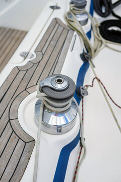 Yachting details. Rope lockers, standing and running rigging on a sailing Ship.