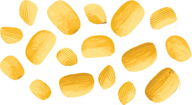 Golden potato chips vector collection with crispy sliced snack pieces for food packaging and appetizer design