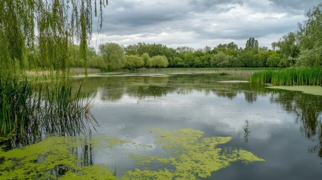 A shallow pond reflecting greenish hues from surrounding algae and overhanging willow branches on a cloudy day