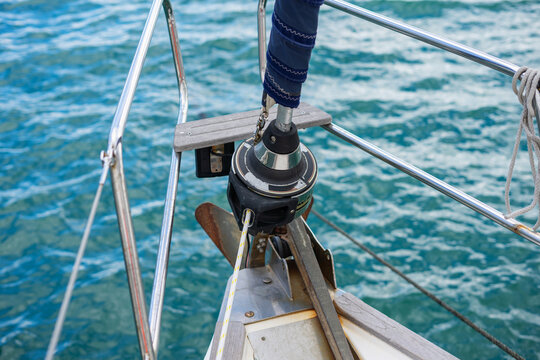 Yachting details. Rope lockers, standing and running rigging on a sailing Ship.