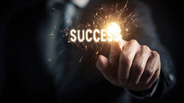A businessman's hand touches the word SUCCESS illuminated by a bright spark, signifying achievement and triumph in a dark, dramatic setting. ..Created with Generative AI, not depicting real subjects.